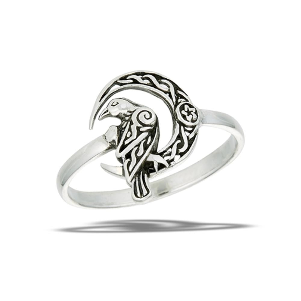 Sterling Silver Raven Crescent Moon Pentagram Ring