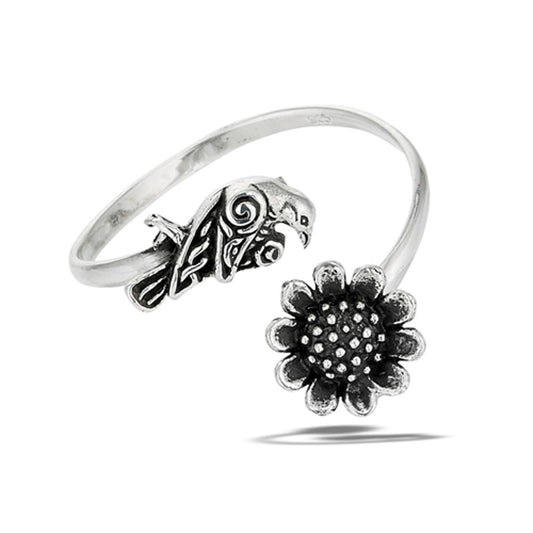 Sterling Silver Adjustable Sunflower Raven Ring