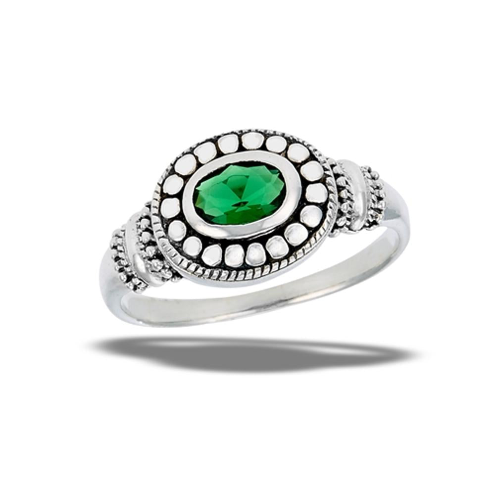 Sterling Silver Emerald CZ Bali Ring