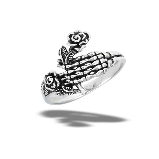 Sterling Silver Skeleton Hand w/ Rose Ring