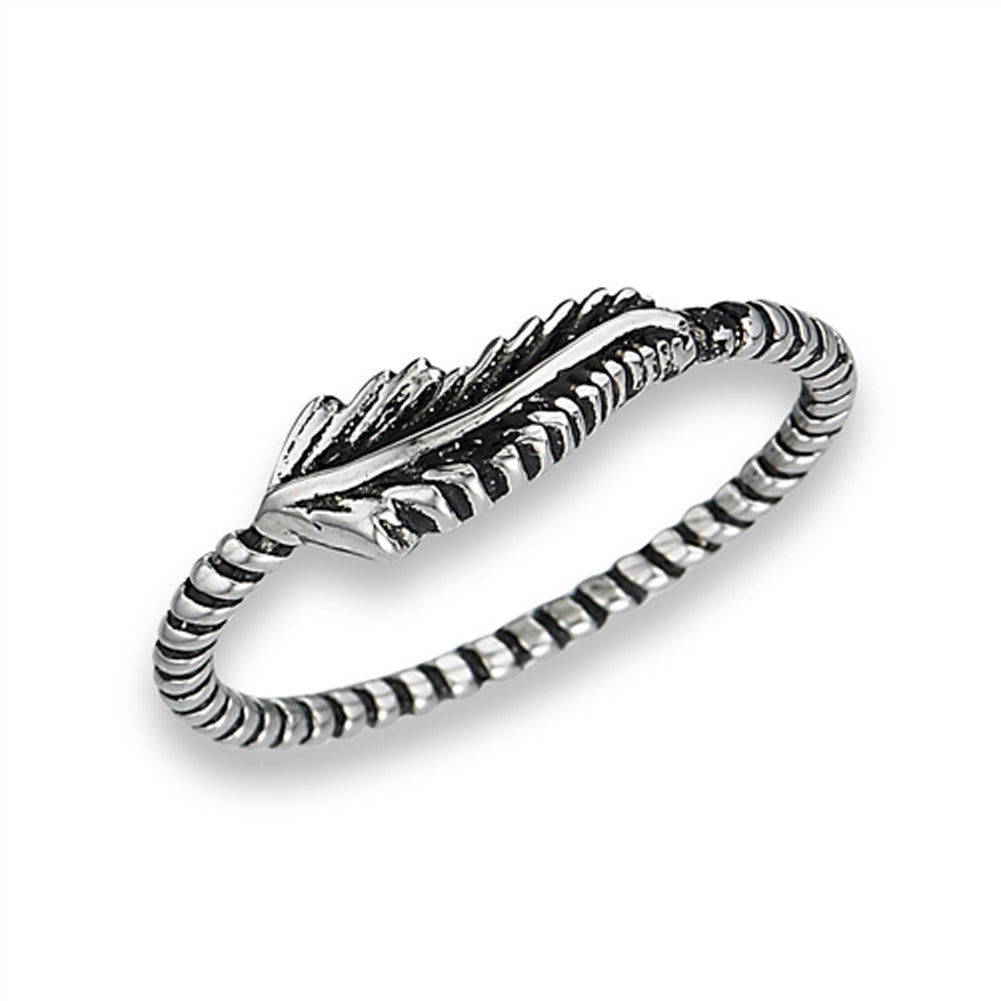 Feather Ring New Leaf Stainless Steel Black-Tone Bali Rope Twist Band Sizes 6-9