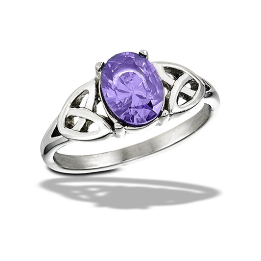 Stainless Steel Amethyst CZ Celtic Ring