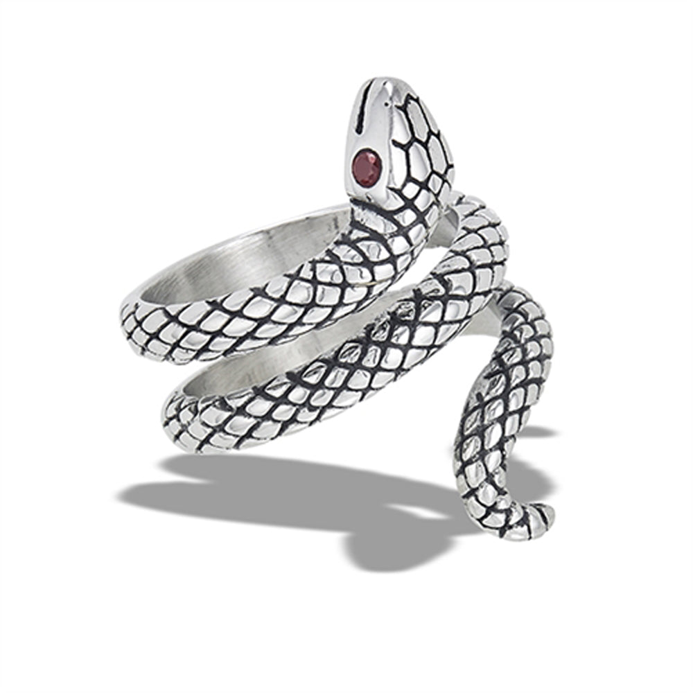 Stainless Steel Garnet CZ Snake Ring