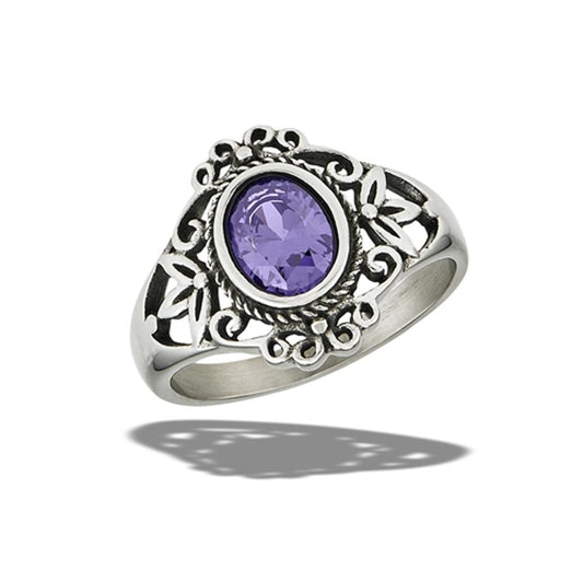 Stainless Steel Amethyst CZ Victorian Ring