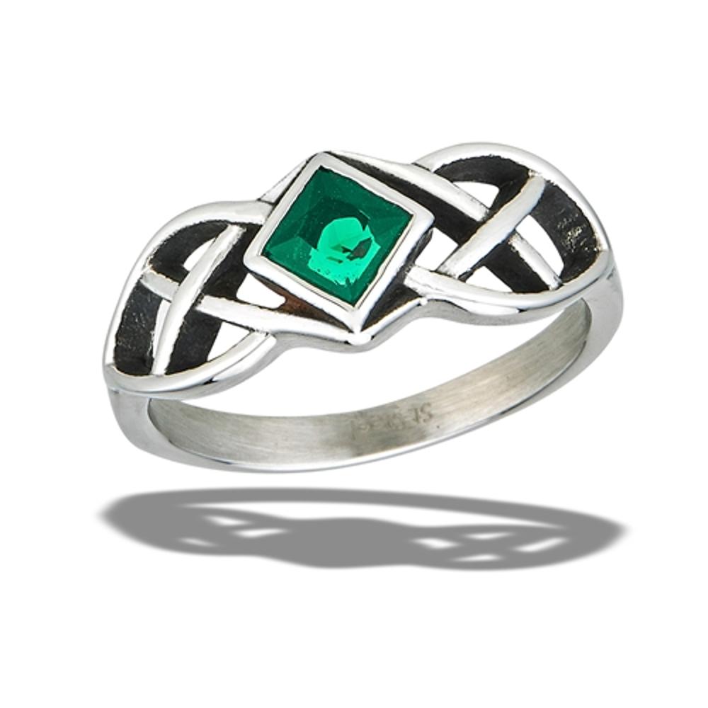 Stainless Steel Celtic Emerald CZ Ring