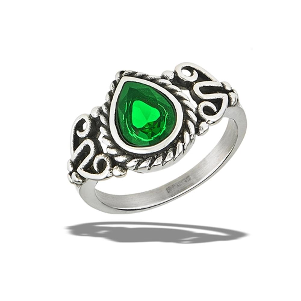 Stainless Steel Emerald CZ Bali Ring