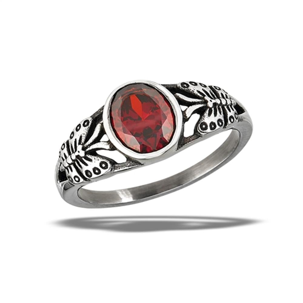 Stainless Steel Garnet CZ Butterfly Ring