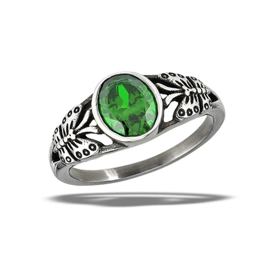 Stainless Steel Emerald CZ Butterfly Ring