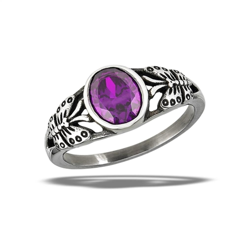 Stainless Steel Amethyst CZ Butterfly Ring