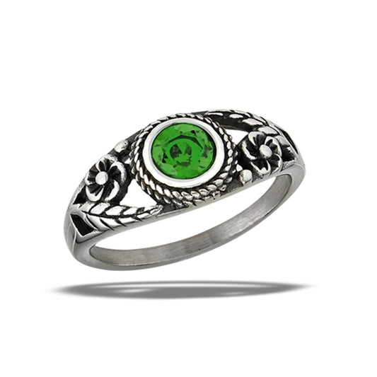 Stainless Steel Emerald CZ Flower Ring