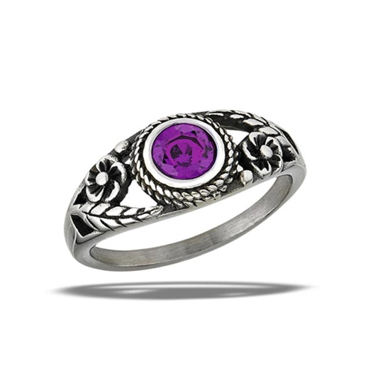 Stainless Steel Amethyst CZ Flower Ring