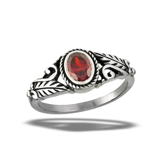 Stainless Steel Garnet CZ Leaf Ring