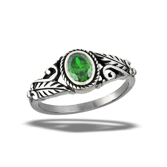 Stainless Steel Emerald CZ Leaf Ring