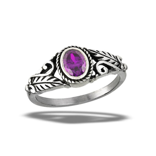 Stainless Steel Amethyst CZ Leaf Ring