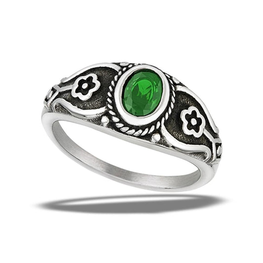 Stainless Steel Emerald CZ Bali Ring