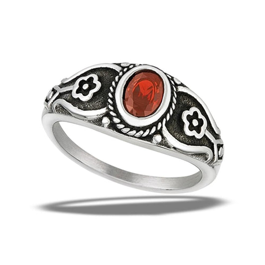 Stainless Steel Garnet CZ Flower Bali Ring