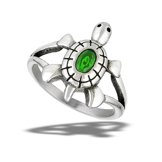 Stainless Steel Emerald CZ  Turtle Ring