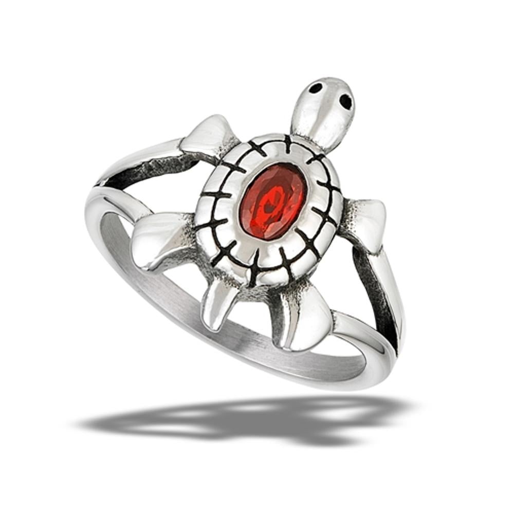 Stainless Steel Garnet CZ Turtle Ring