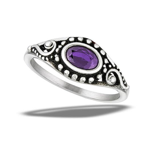 Stainless Steel Amethyst CZ Bali Style Ring