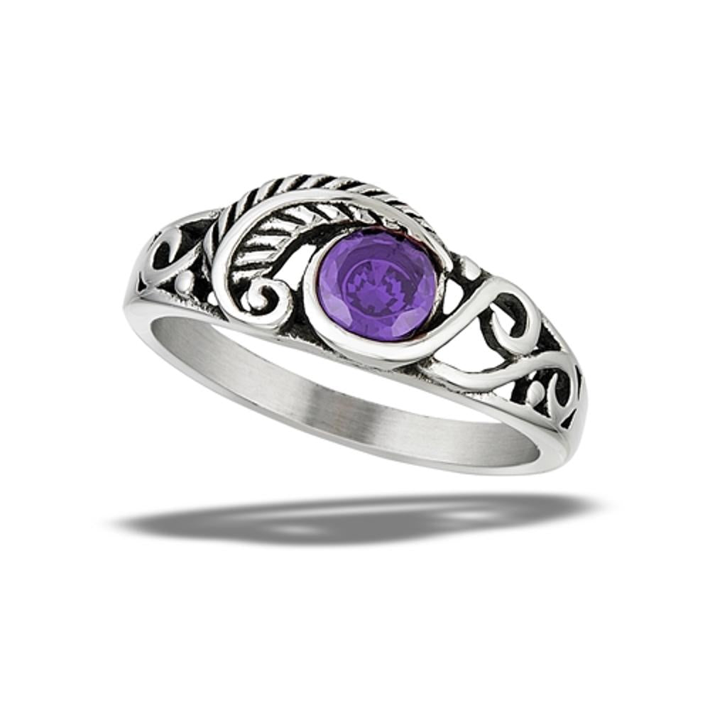 Stainless Steel Amethyst CZ Feather Ring