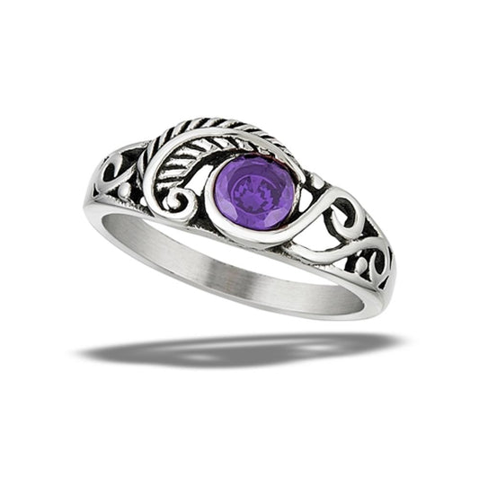 Stainless Steel Amethyst CZ Feather Ring