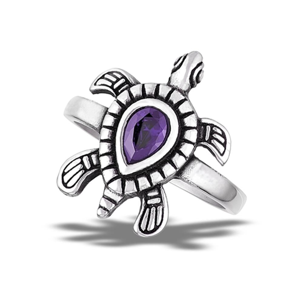 Stainless Steel Amethyst CZ Sea Turtle Ring