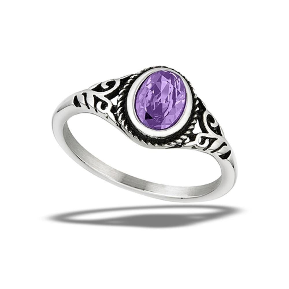 Stainless Steel Amethyst CZ Bali Style Ring