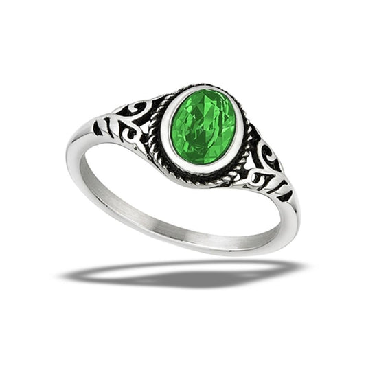 Stainless Steel Emerald CZ Bali Style Ring