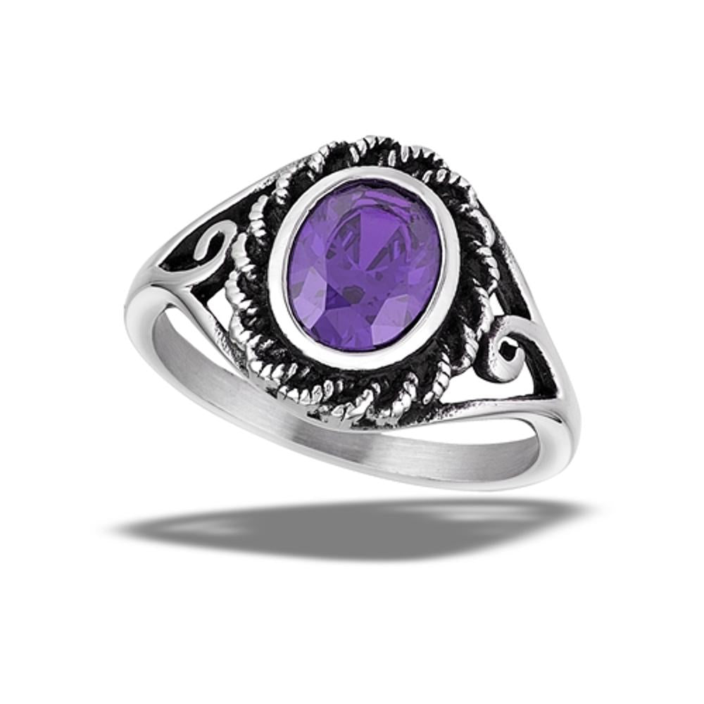 Stainless Steel Amethyst CZ Ring