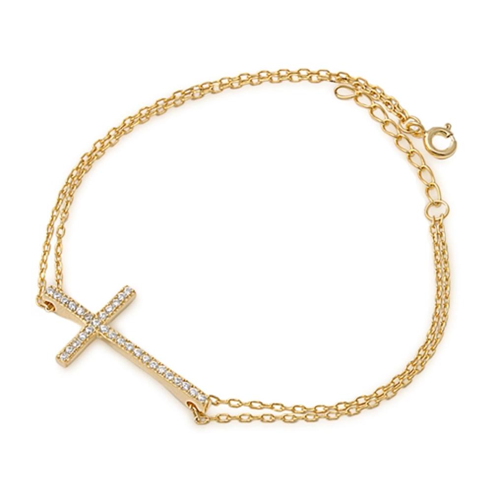 Gold-Tone Sideways Cross Rolo Link Chain Bracelet Clear Simulated CZ .925 Sterling Silver