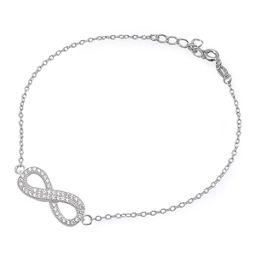 Chain Infinity Rolo Link Bracelet Clear Simulated CZ .925 Sterling Silver