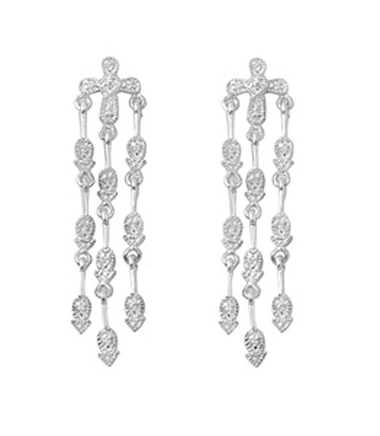 Cross Hanging Earrings Clear Simulated CZ .925 Sterling Silver