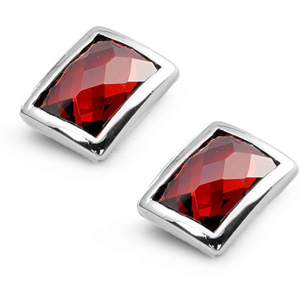 Linear High Polish Framed Rectangle Simple Simulated Garnet .925 Sterling Silver Earrings