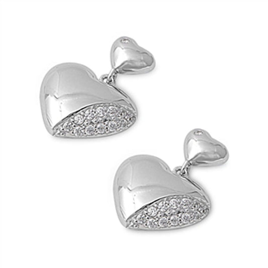 Micro Pave Heart Hanging Earrings Clear Simulated CZ .925 Sterling Silver