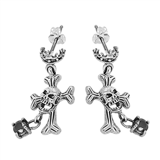 Cross Skull Hanging Earrings Black Simulated CZ .925 Sterling Silver