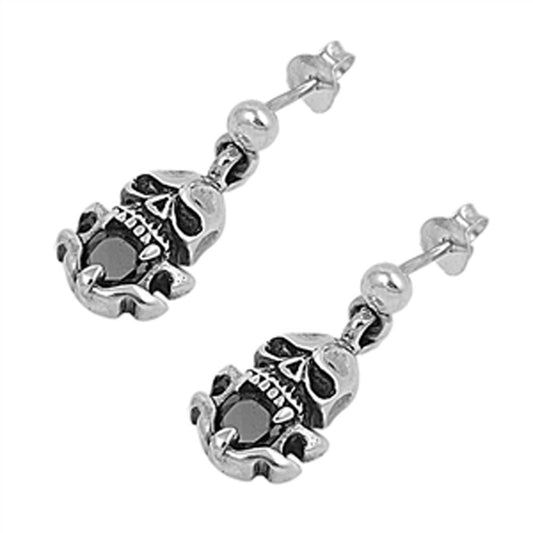 Skull Biker Earrings Black Simulated CZ .925 Sterling Silver