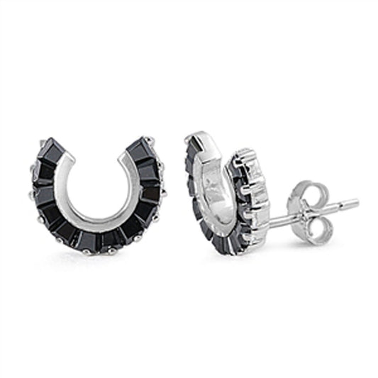 Horseshoe Earrings Black Simulated CZ .925 Sterling Silver