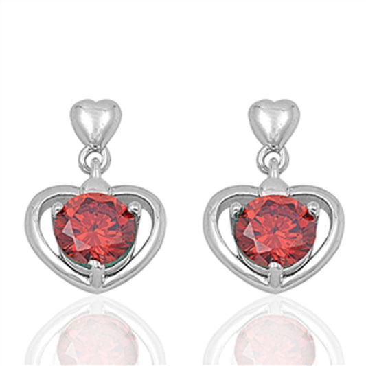 Heart Round Earrings Simulated Garnet .925 Sterling Silver