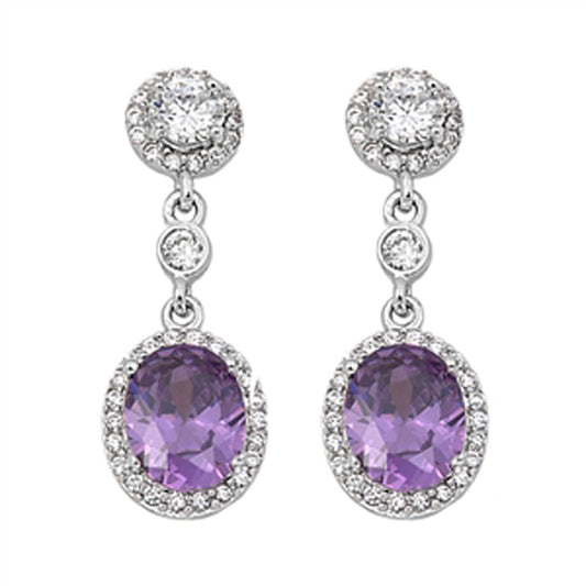 Halo Oval Hanging Earrings Simulated Amethyst Clear Simulated CZ .925 Sterling Silver