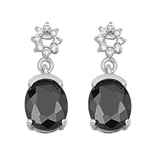 Oval Hanging Earrings Black Simulated CZ Clear Simulated CZ .925 Sterling Silver