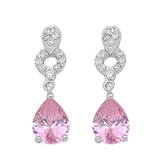 Fancy Studded Teardrop Dangle Vintage Pink Simulated CZ Clear Simulated CZ .925 Sterling Silver Earrings