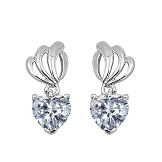 Heart Hanging Earrings Clear Simulated CZ .925 Sterling Silver