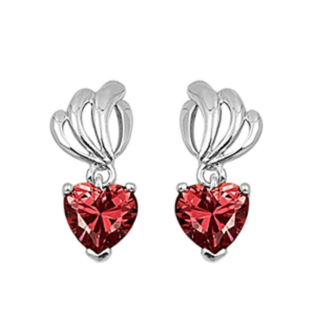 Heart Hanging Earrings Simulated Garnet .925 Sterling Silver