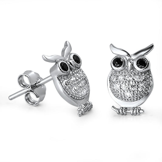 Owl Earrings Clear Simulated CZ Black Simulated CZ .925 Sterling Silver