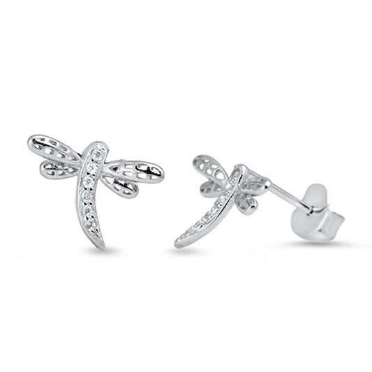 Animal Sparkly Studded Dragonfly Wing Clear Simulated CZ .925 Sterling Silver Earrings