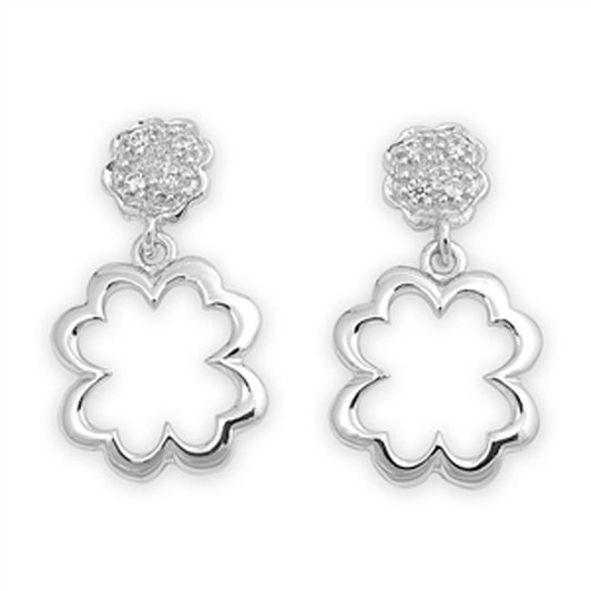 Fancy High Polish Open Shamrock Dangle Four Leaf Clover Clear Simulated CZ .925 Sterling Silver Earrings