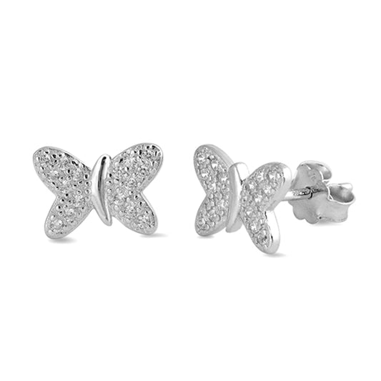 Bug Cute Studded Butterfly Wing Clear Simulated CZ .925 Sterling Silver Earrings