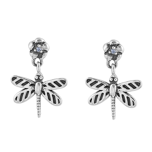 Animal Oxidized Dragonfly Flower Dangle Cute Clear Simulated CZ .925 Sterling Silver Earrings