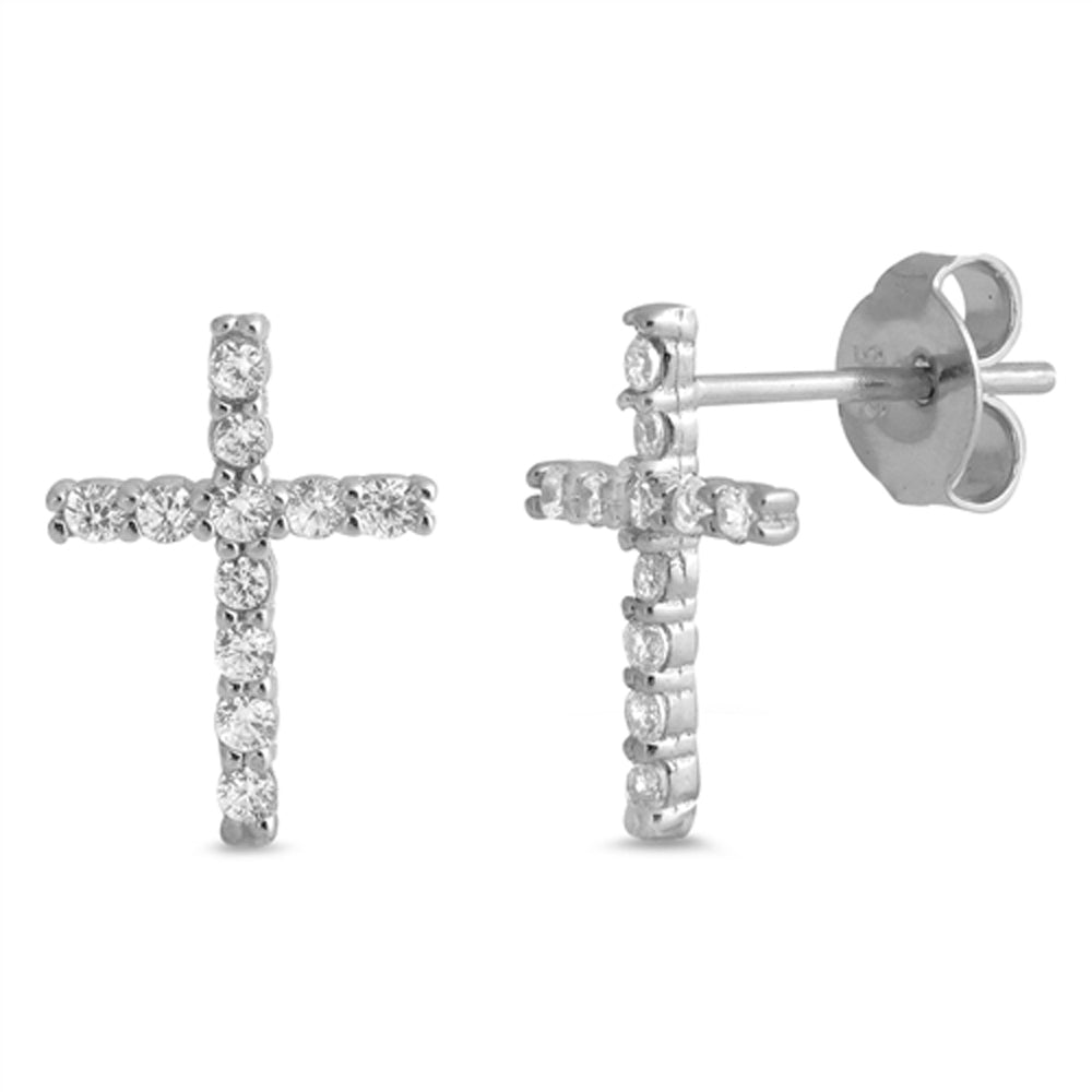 Sterling Silver Simple Studded Cross Classic Elegant Earrings Clear CZ 925 New