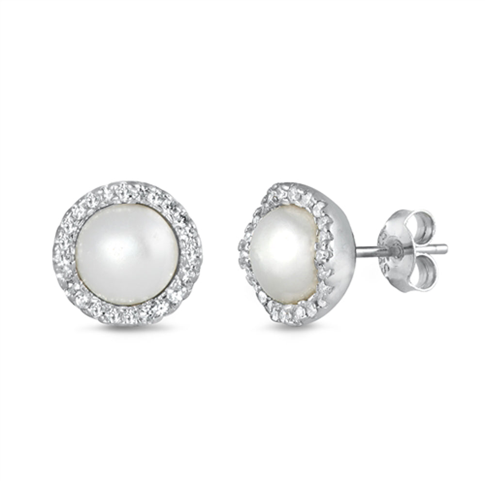 Sterling Silver Classic Studded Eternity Halo Earrings Freshwater Pearl Clear CZ